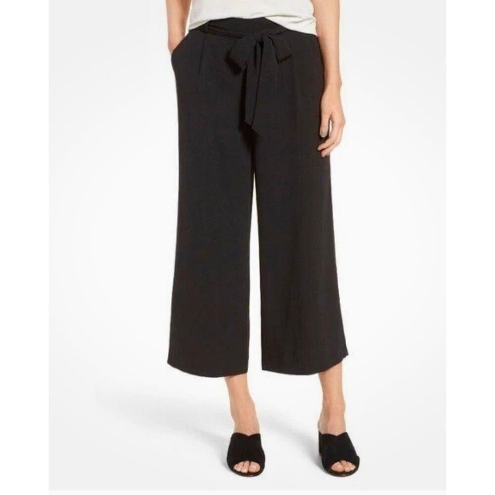 Halogen Black Wide Leg Cropped Flowy Tie Waist Belted Pants L Nwt New